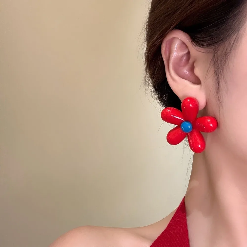 Asymmetry Design Flower Stud Earrings Colorful Blue and Red Enamel Drip Glaze Earrings Bright Color Lightweight