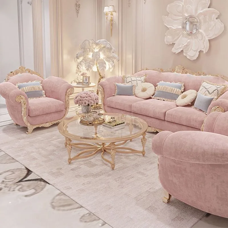 Fabric solid wood sofa neoclassical light luxury three-person living room furniture combination