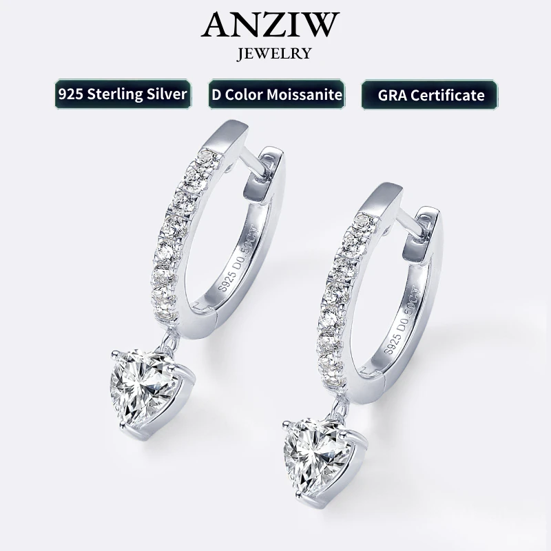 

100% 925 Sterling Silver 0.5ct Heart Shaped Moissanite Dangle Hoop Earrings for Women Wedding Party Birthday Lovely Gift Jewelry