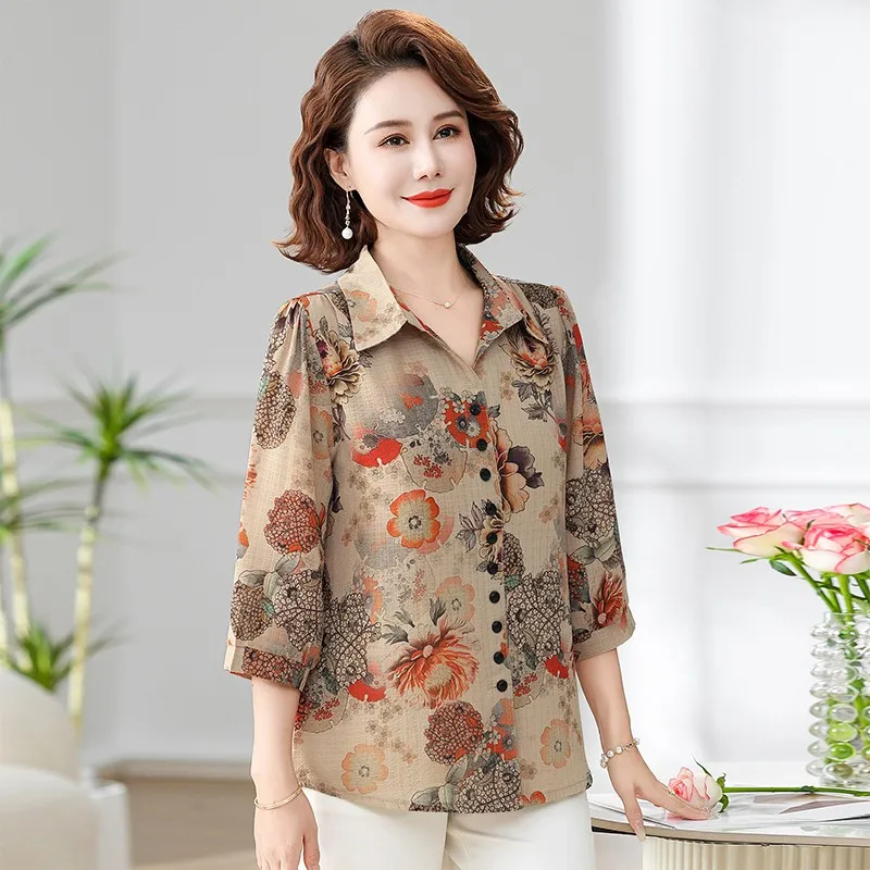 Women Spring Summer Blouses Shirts  Fashion Lady Casual Half Sleeve  Turn-down Collar Button Retro Floral Printing Mother Tops