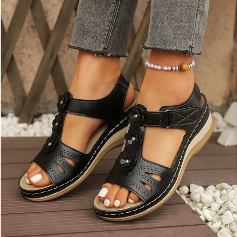2025 Summer Women Sandals New Hollow Out Wedge Flowers Casual Sandalias Retro Platform  Comfortable Plus Size