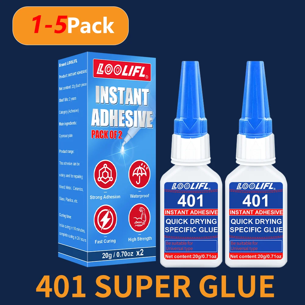 

LOOLIFL 401 Super Glue instant cyanoacrylate glue, suitable for metal, glass, leather, rubber, wood and other materials, strong adhesive, high-strength, fast-fixing, long-lasting adhesive effect.