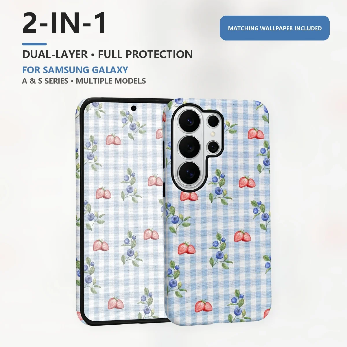 Blueberry Strawberry Gingham 2-in-1 Dual-Layer Phone Case for Samsung Galaxy S26 S25 S24 Plus Ultra FE S20 FE A56 A17 A16 A15
