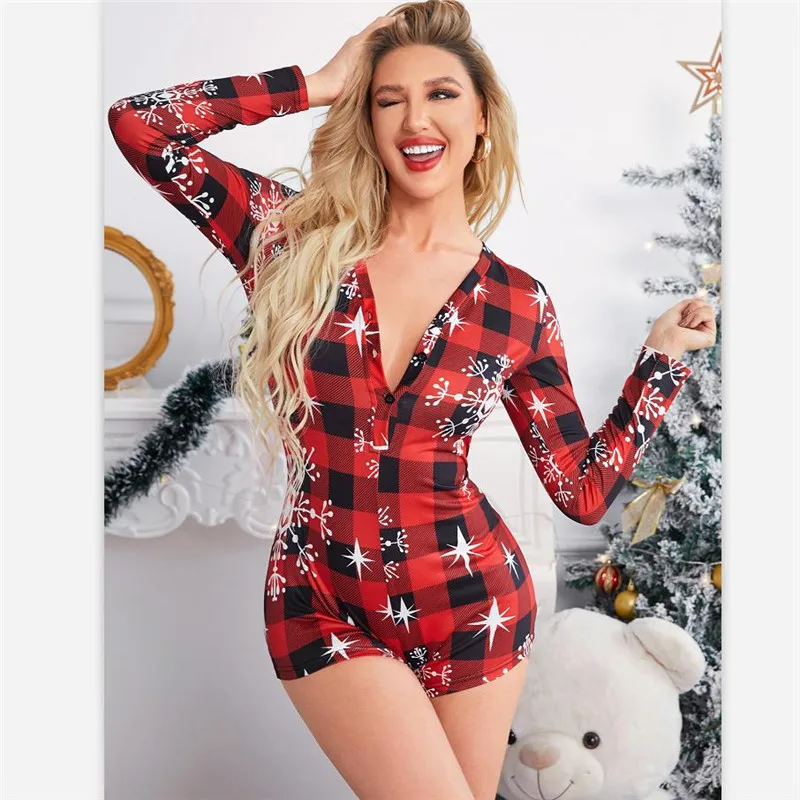 Christmas Printed Pattern Pajama Y2k V-neck Bodysuit Women Long Sleeve Bodycon Playsuit Harajuku Christmas Rompers Sleepwear