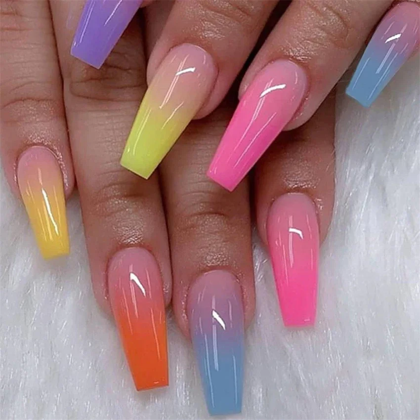 

24Pcs/Set Gradient Long Spice Girls Press on Nail French Full Cover Artificial Wearing False Nails Flat Head Acrylic Fake Nails