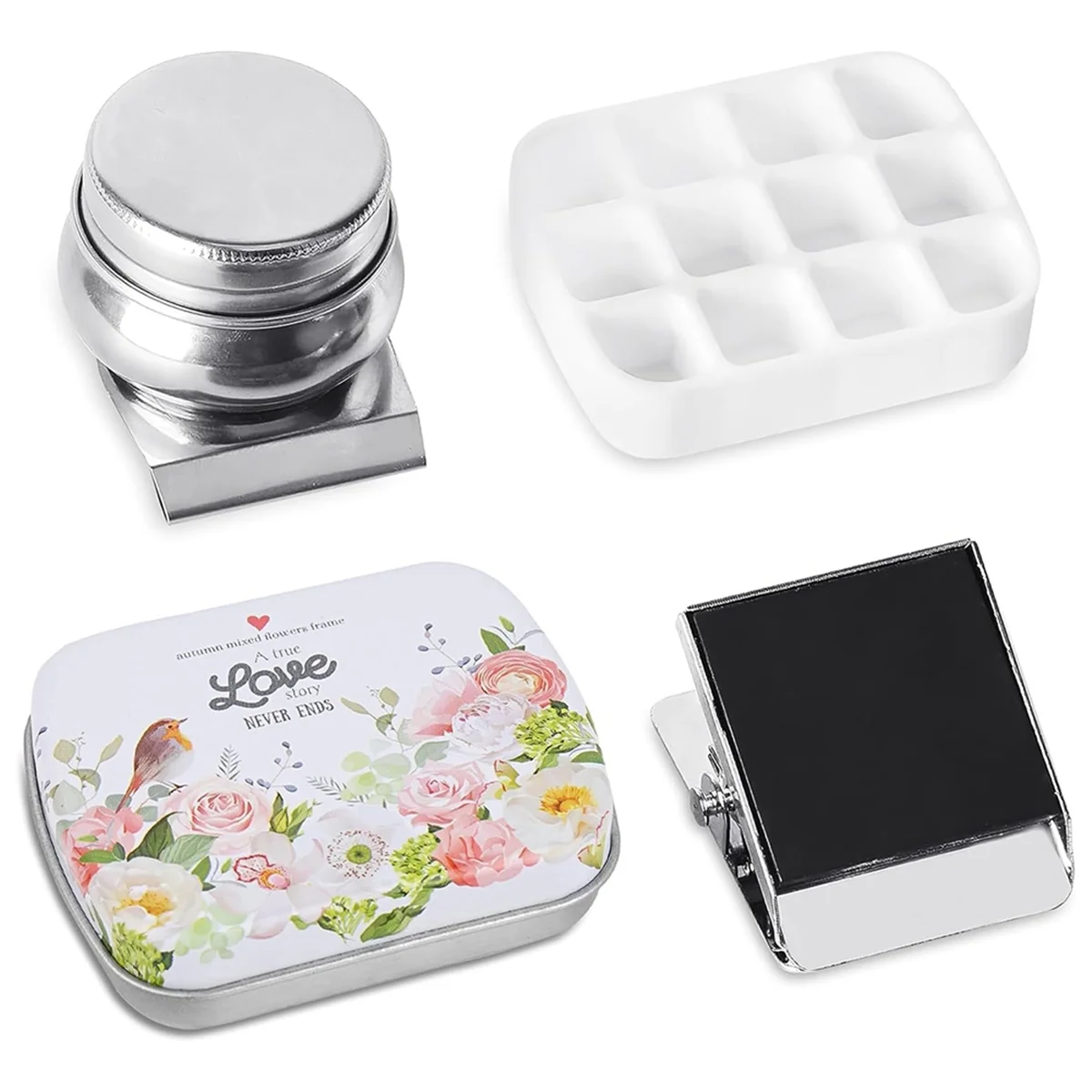 Portable Mini Tin Box,12-Well Empty Watercolor Palette,Small Paint Storage Kits with Magnetic Clip and Oil Pot, C