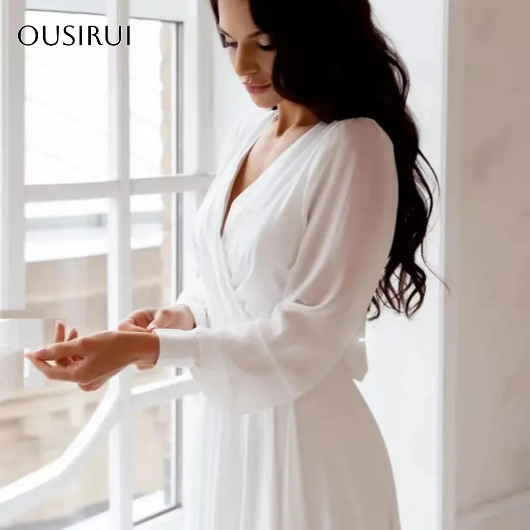 A-الخط فيستدوس بودا بلايا إيلوبمنت بأكمام طويلة متجر فيستدو دي نوفيا فساتين زفاف شيفون فساتين بيضاء للنساء