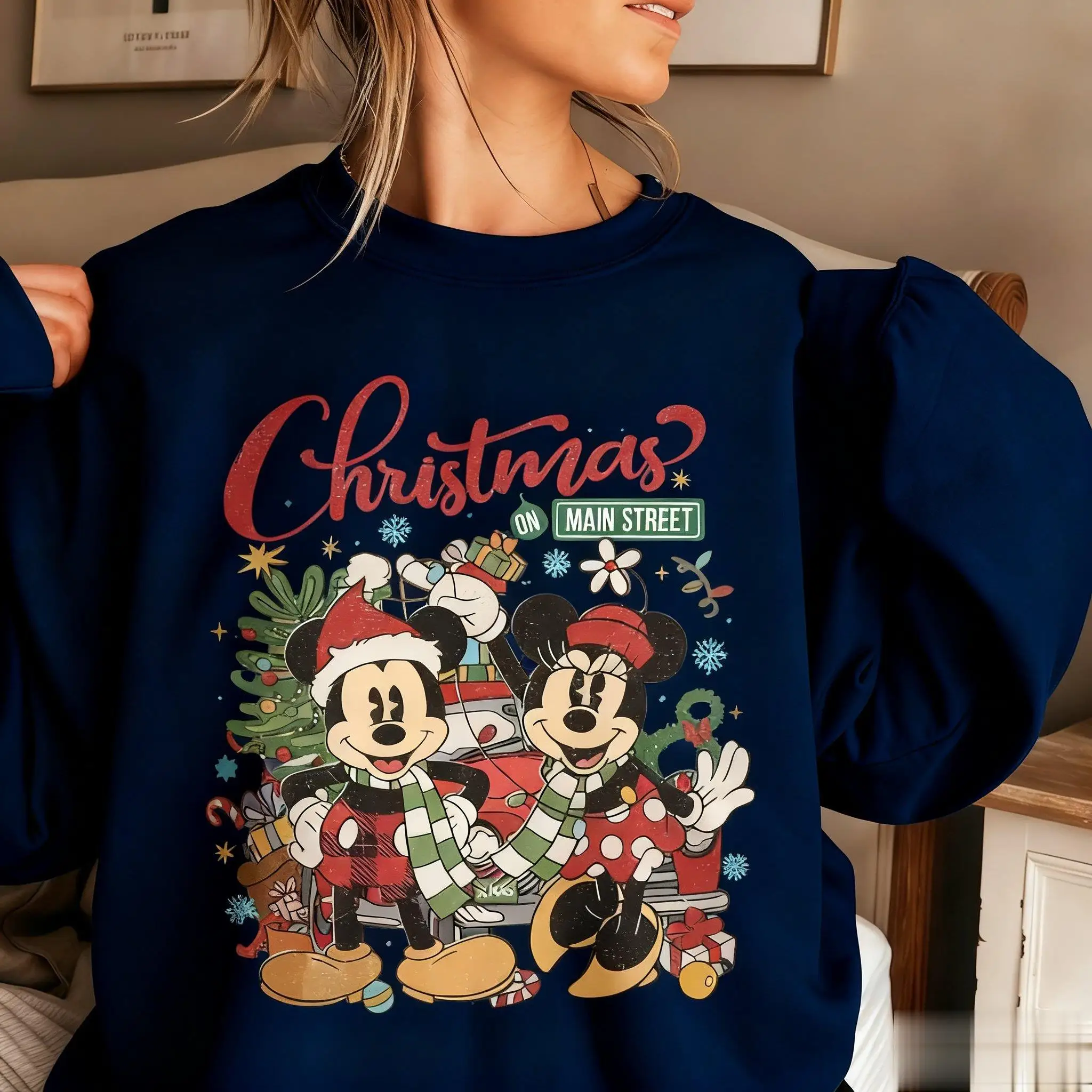 ディズニー クリスマス ミッキー ミニー プリント レディース クルーネック スウェットシャツ セーター グラフィック ストリートウェア カジュアル 冬 暖かい プルオーバー トップス Y2k