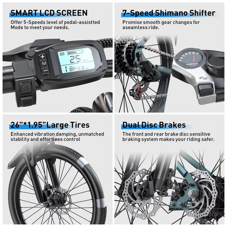 Aairsk GT300‑26 Electric Mountain Bike for Adults, 250W 36V 10AH Ebike with 7‑Speed , Dual Disc Brakes, Front Suspension, LCD Display, Removable Battery, 15.5 MPH Max Speed for Commuter & Off‑Road Use image 9