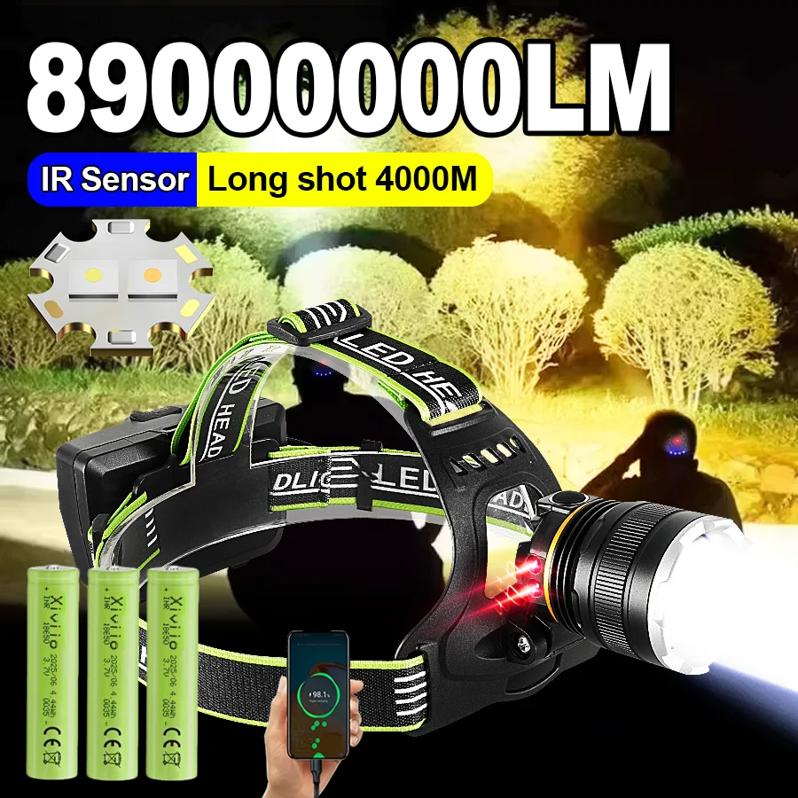 

2026 супер яркий желтый и белый свет фара 89000000LM самый мощный голова фонарь аккумуляторный светодиодный датчик голова фонарь сильный свет кемпинг охота