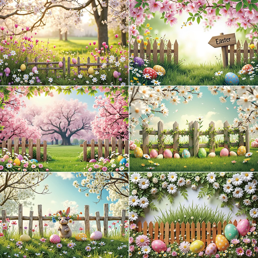 MOON.QG Easter Spring Photography Background Eggs Green Grass Flower Photocall Backdrop Children Studio Photobooth Supplies