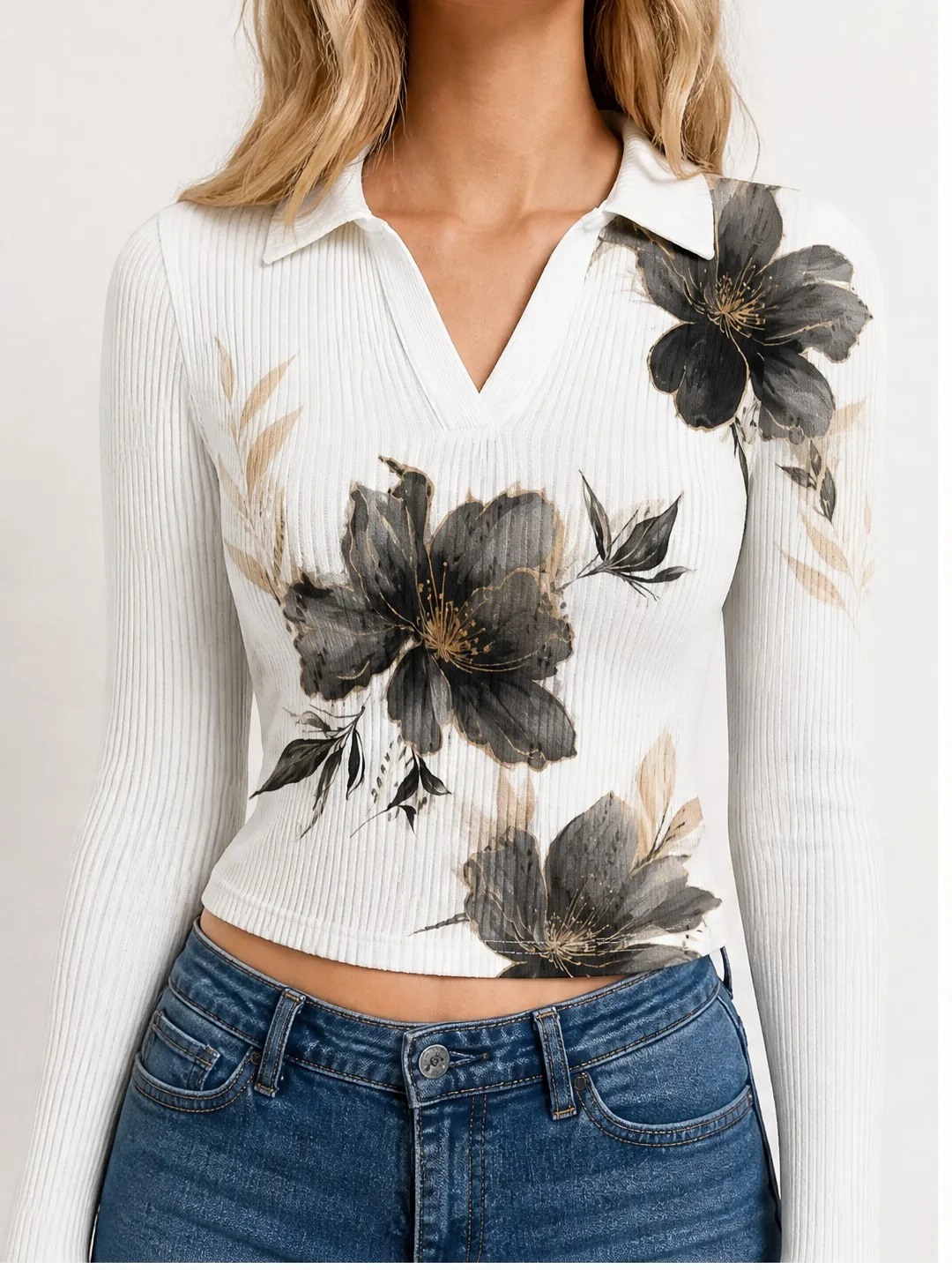 Stylish Womens V Neck Collared Ribbed Knit Crop Top Figure Flattering Long Sleeve Pullover for Transitional Season Wear Favorite