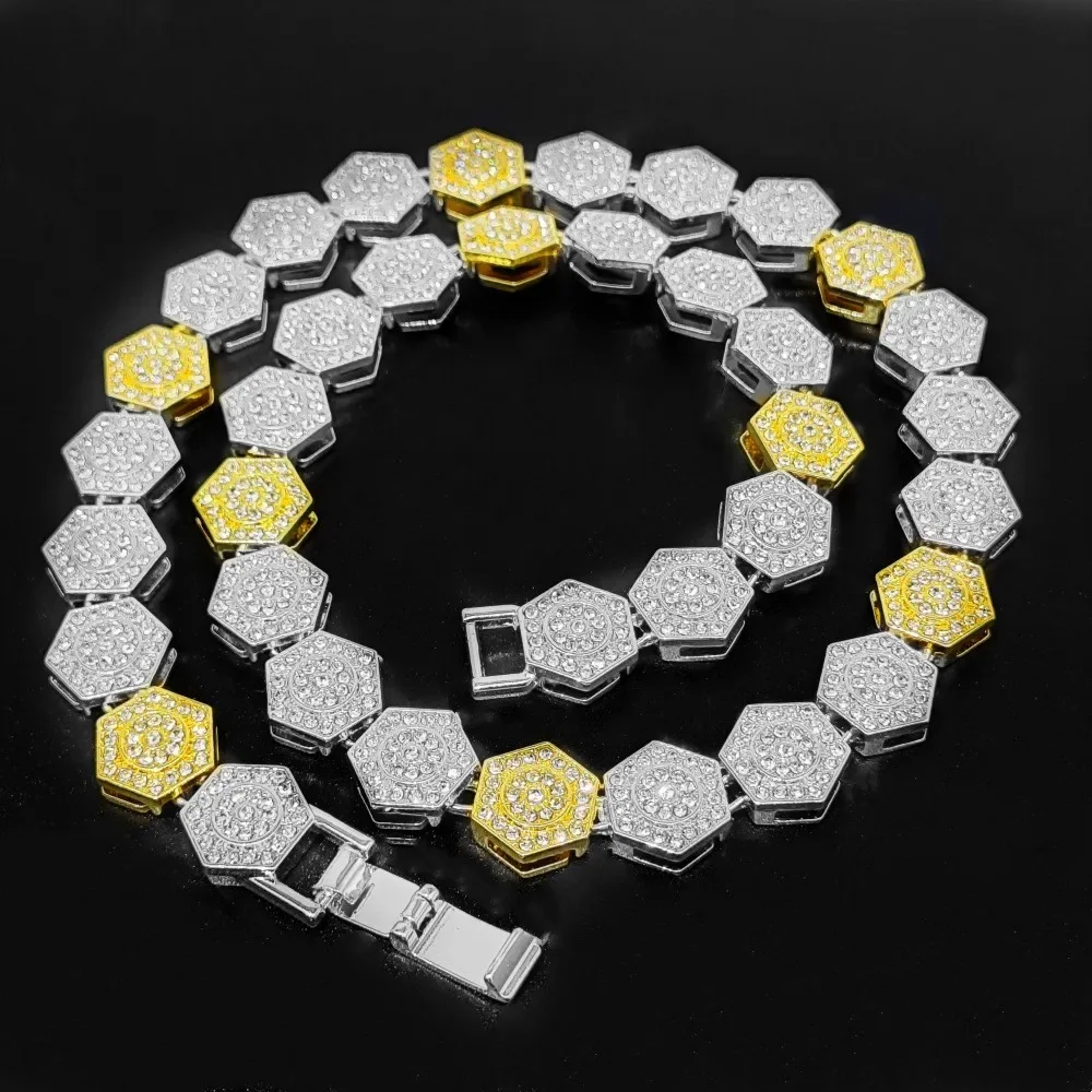 

14mm Clustered Hip Hop Hexagonal Golden Tennis Chain Mens Women Choker Necklace Rhinestones Iced Out Miami Cuban Jewelry