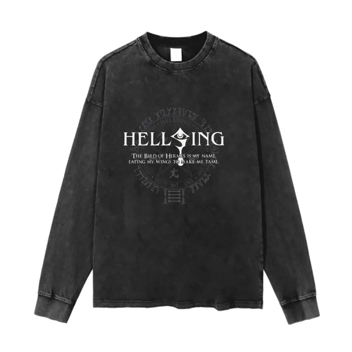 Hellsing Occult Symbol Art Washed Vintage Long Sleeves Cotton Tee Shirt Solid O Collared For Men's And Women's
