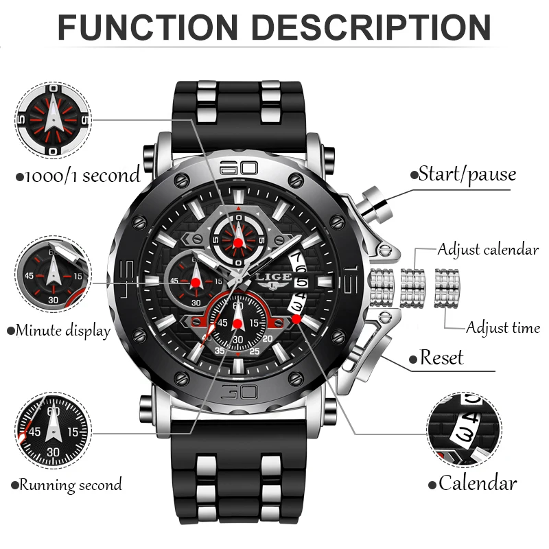 LIGE 2023 New Fashion Silicone Watch Men Casual Men\'s Military Watch Top Brand Luxury Sports Chronograph Clock Relogio Masculino