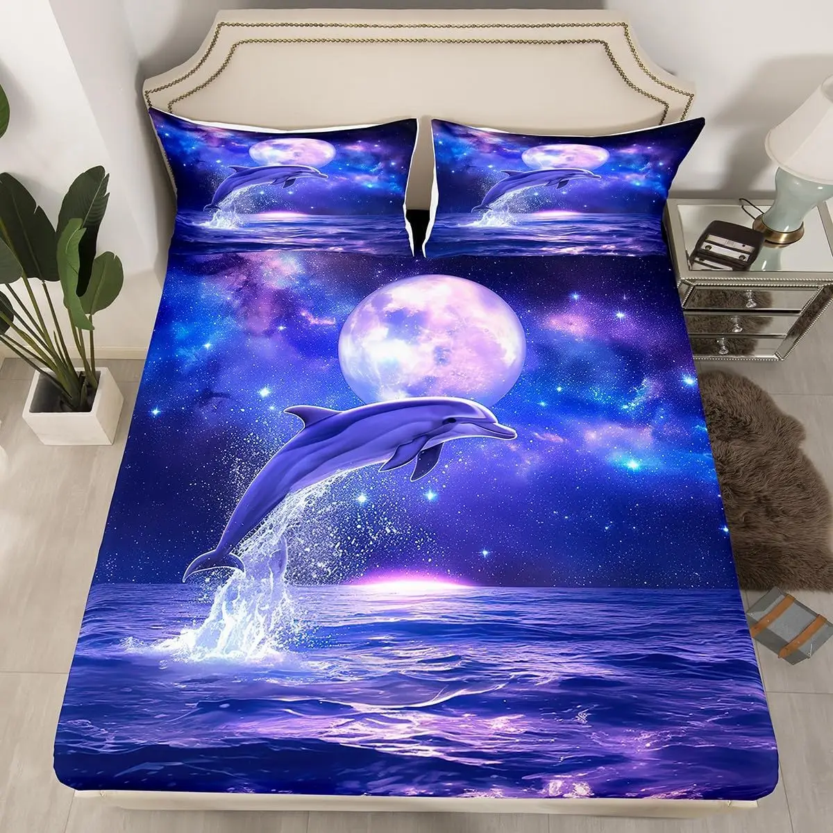 Ocean Dolphin Fitted Sheet Deep Pocket Twin King Galaxy Coastal Bedding Set for Teen Girls Boys Sea Animal Starry Sky Bed Sheet