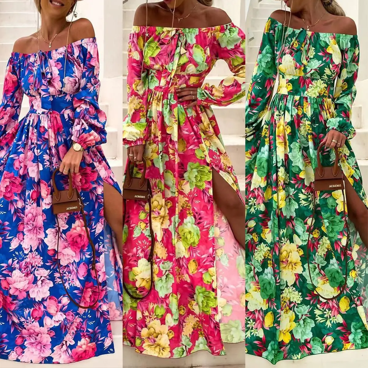 

2025 Summer New Bohemian Vacation Style One Collar Large Swing Skirt Fashion Printed Dress