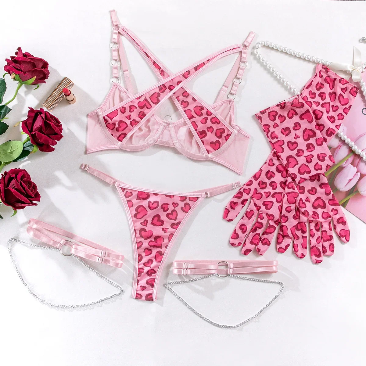 

Pink Leopard Lingerie Set with Metal Chain Valentine's Gift for Her with Gloves Exotic Sets Chain Sexy Garter G-string Kit