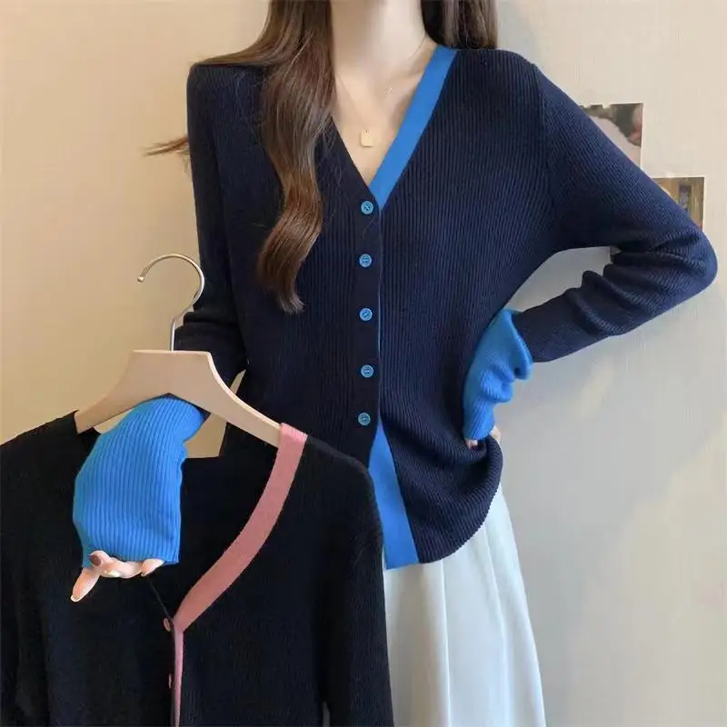 Autumn Knit Cardigan Girl Patchwork Long Sleeve Sweater Shirts Woman Contrast Color Knitted Tops Elegant Sweet Slim Chic Top New