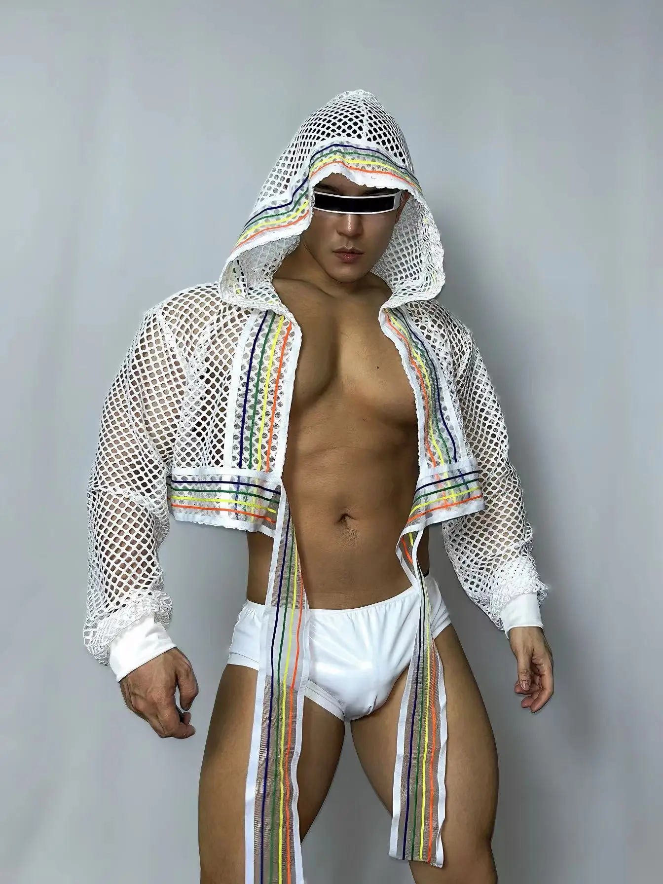 Sexy Perspective Rainbow Mesh Hip Hop Jazz Performance Dress Nightclub Bar Male Singer DS GOGO Dance Wear Stage Show Theme