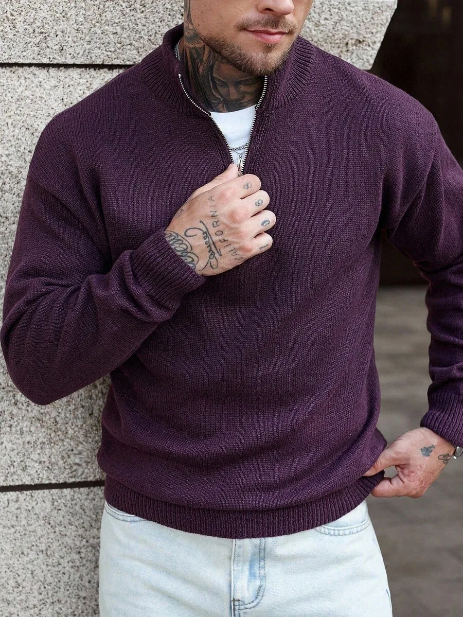 

Мужской однотонный бордовый вязаный свитер с молнией до четверти груди для повседневной носки
