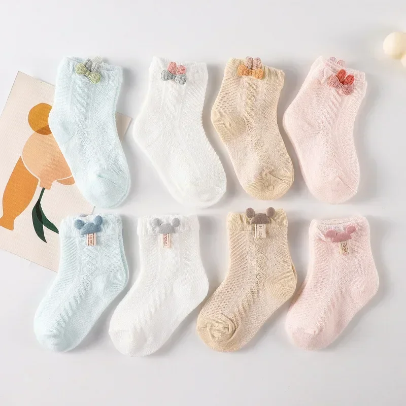 1 Pair Baby Socks Breathable Mesh Short Tube Stocks for 0-2 Years Newborn Girl Boy Cartoon Round Ear Decora Clothing Accessories