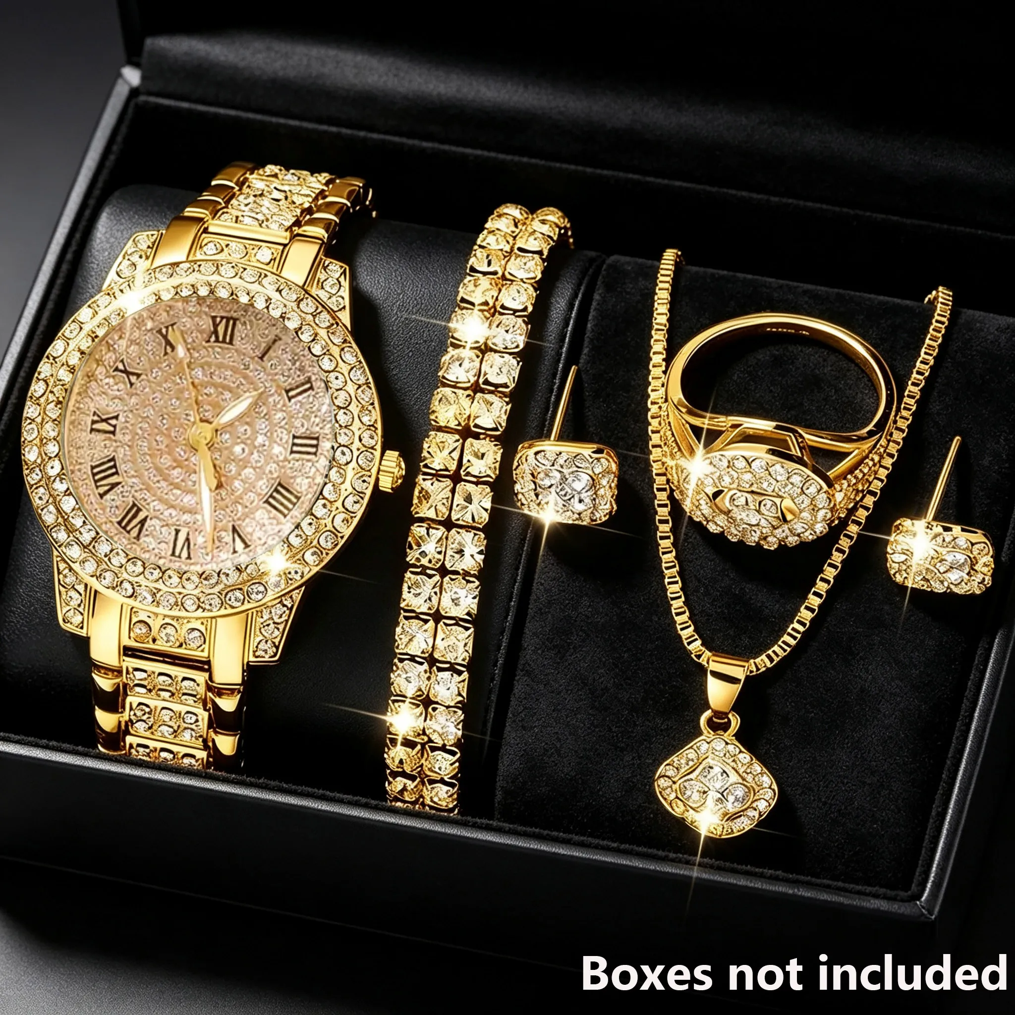 6Pcs Women's Simple and Elegant Classic Roman Numeral Dial Quartz Watch and Jewelry Set - Watches for Daily and Formal Wear - Bi