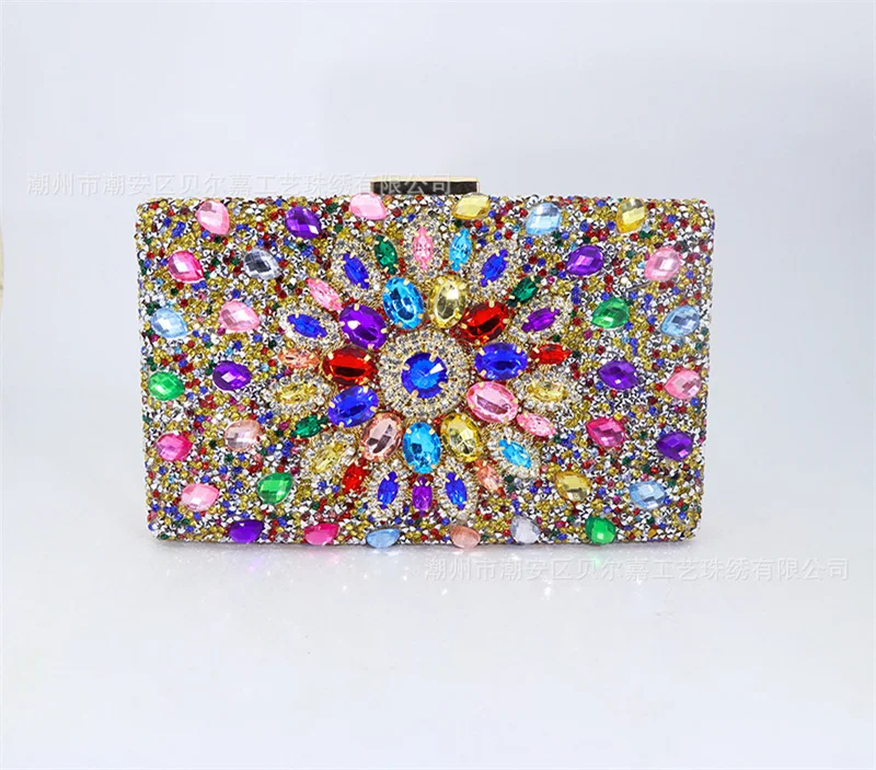 New Women Colorful Stone Evening Bags Sunflower Bling Clutch Wallets With Chain Banquet Purse 4 Colors Drop Shipping