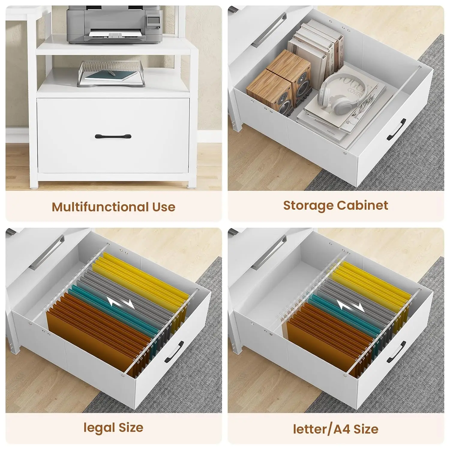 White Computer Desk with 5 Drawer, Power Outlet & LED Lights, Home Office Workstation, Customized