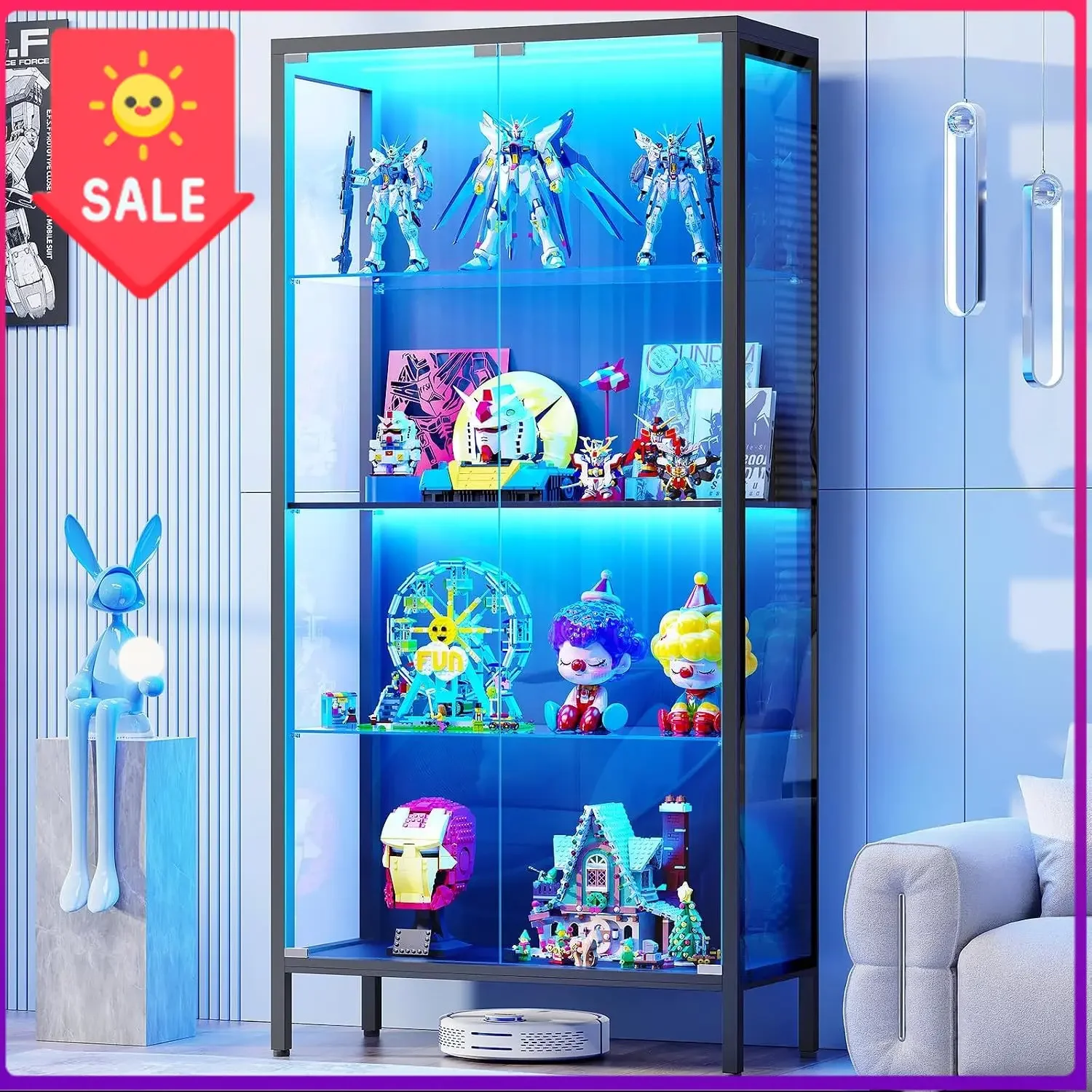 Auro Home 4-Tier Display Cabinet with 3color Light& Human Body Sensor Black | Display Case With Glass Door&Metal Frame,Curio Cab