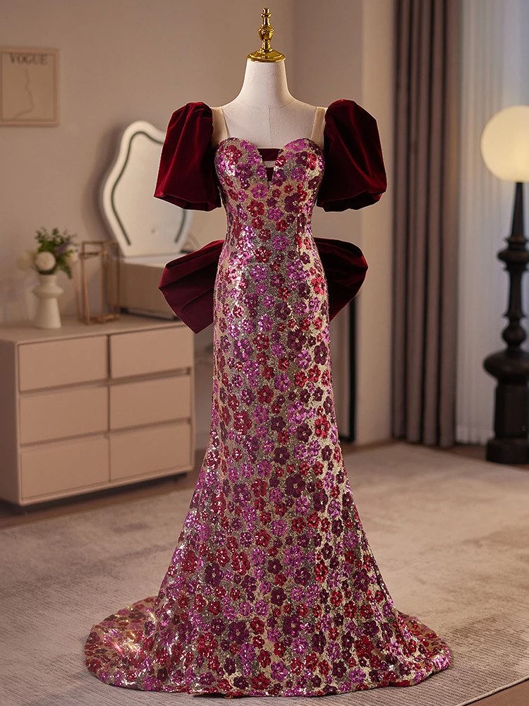 Customized Luxury Wine Red Mermaid Evening Dress Sweetheart Puff-sleeve Sequins Glittering Flower Fishtail Pary Formal Gowns