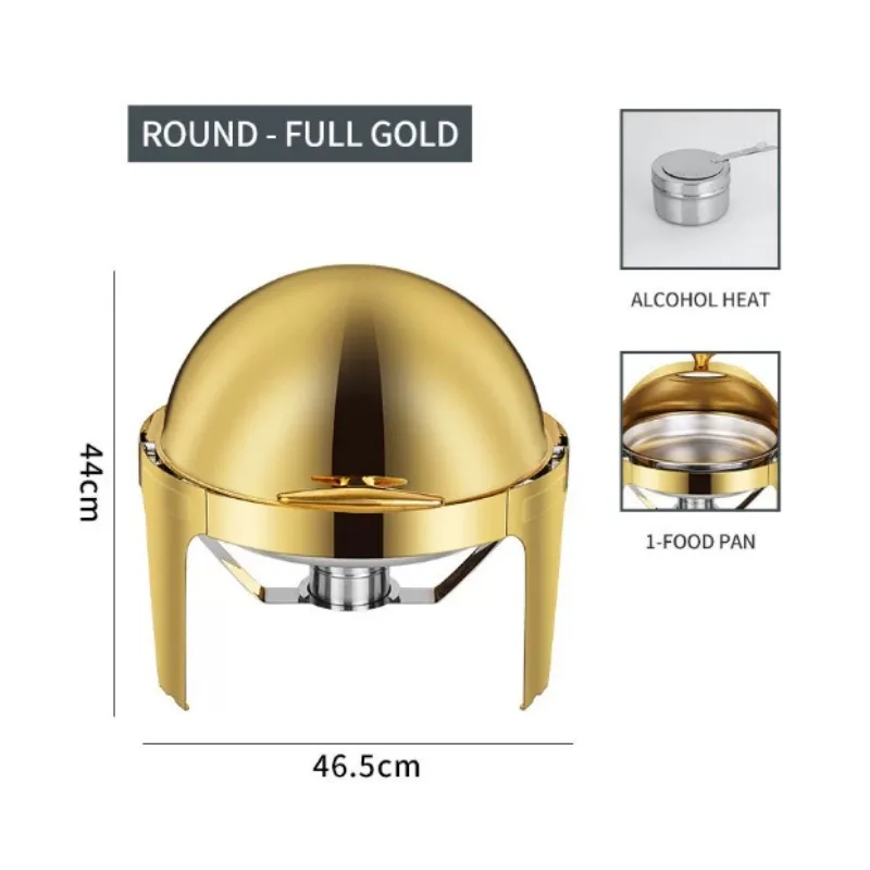 Stainless Steel Golden Round Chafing Dish, Full Flip Visible Cover, Electric Warming Buffet Server for Hotel Breakfast