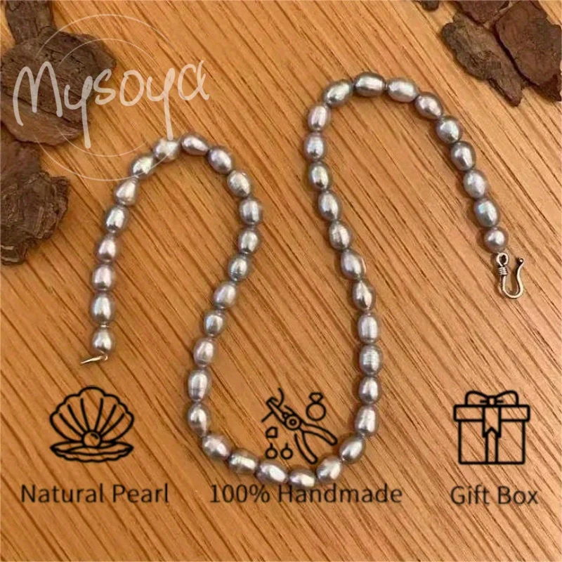 

MYSOYA 7-8mm Natural Gray Freshwater Pearl Collar Necklace Multi Size Gift Box Birthday Wedding Christmas New Year Jewelry Gift