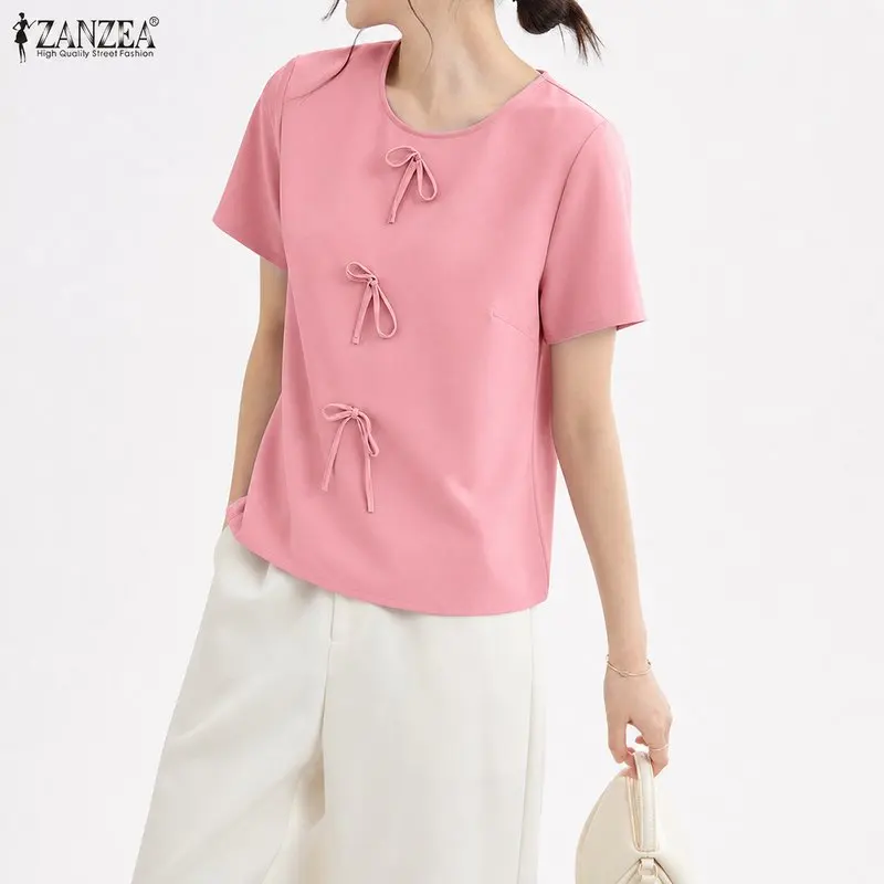 

ZANZEA Elegant Summer Women Blouse Short Sleeve Bowknot Casual Work O-Neck Solid Color Tunic Tops Tee Streetwear Blusas Oversize