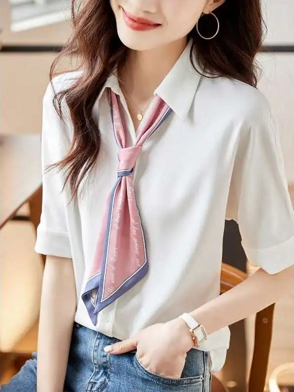 

Новая летняя белая шифоновая блузка с коротким рукавом для женщин, дизайн для офиса, из тонкого полиэфирного волокна, с воротником, однотонная