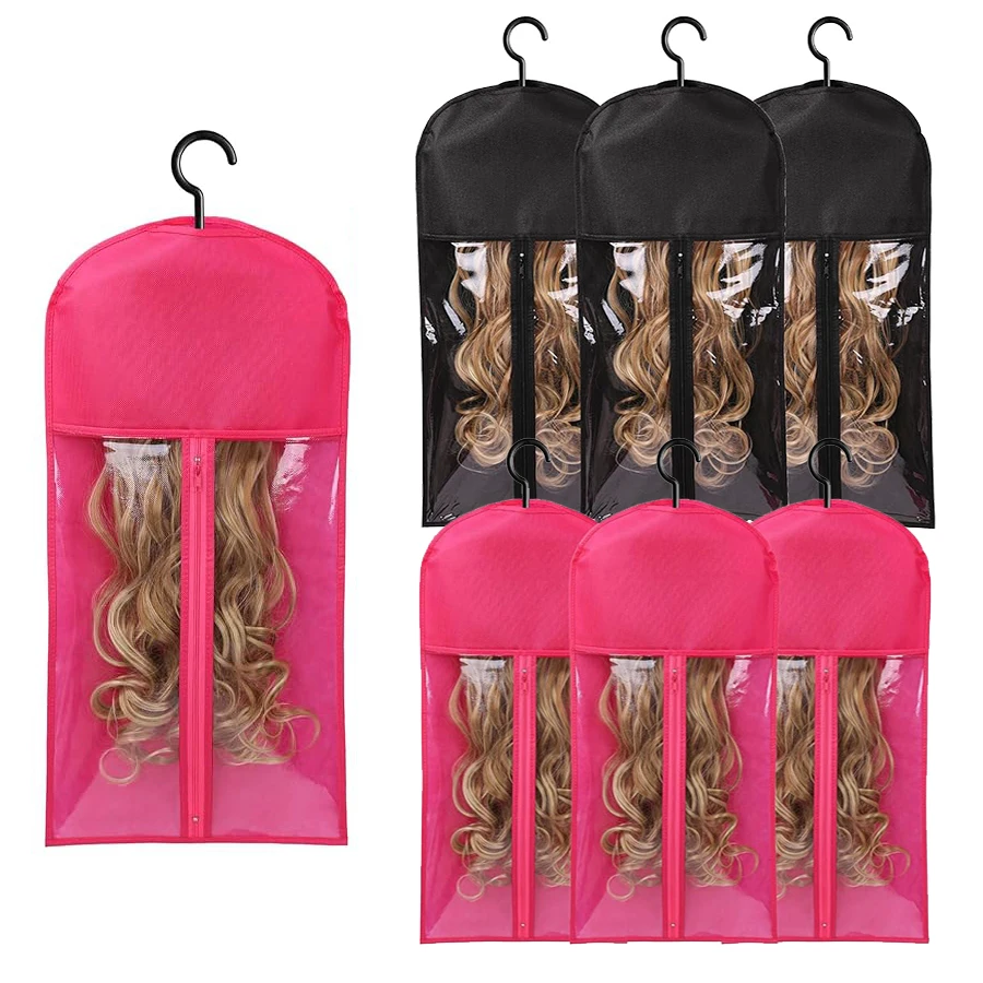 6pcs Long Hair Extensions Storage Bag Non-Woven Dust Proof Wigs Carrier Bags With Plastic Hanger For Home Salon Organizer