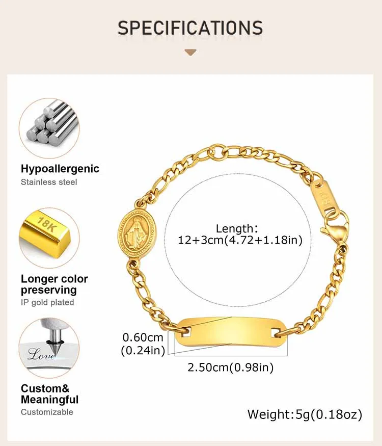 Personalisiertes Namens-ID-Armband für Frauen und Kinder, Jungfrau-Maria-Anhänger, vergoldeter Edelstahl, wasserdichtes religiöses Geschenk – Detail 4