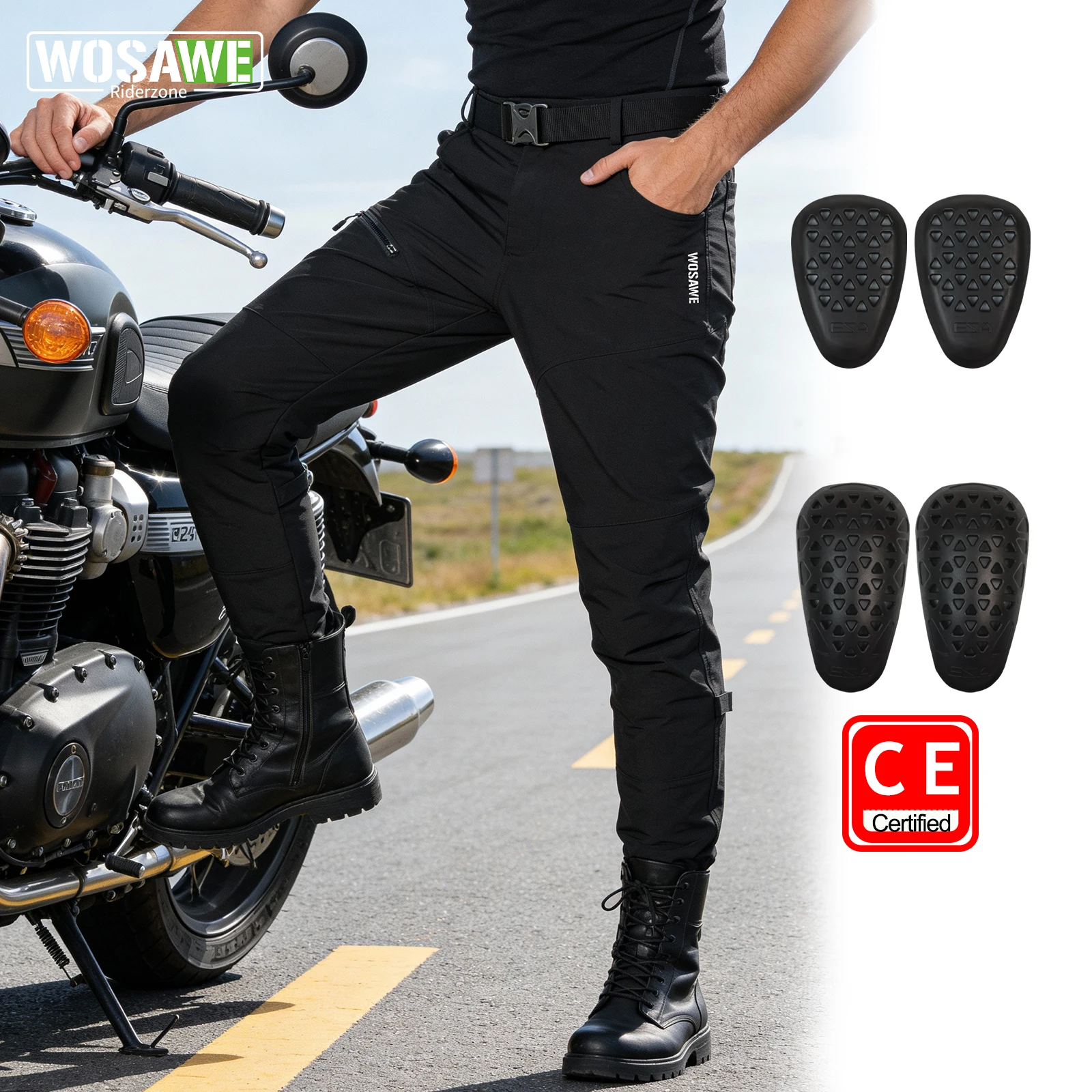 

WOSAWE Motorcycle Pants Men Women CE Armor Riding Pants Moto Protective Trousers Casual Biker Pants Knee Hip Pads Black S-3XL