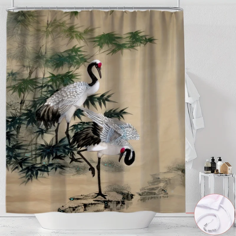 Water-Resistant Polyester Shower Curtain with Chinese Ink Painting Cranes and Bamboo Design, Machine Washable, Includes Hooks, W