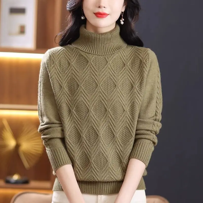 All-match Screw Thread Autumn Winter Half High Collar Solid Color Pullover Long Sleeve Sweater Knitted Women's Clothing Tops