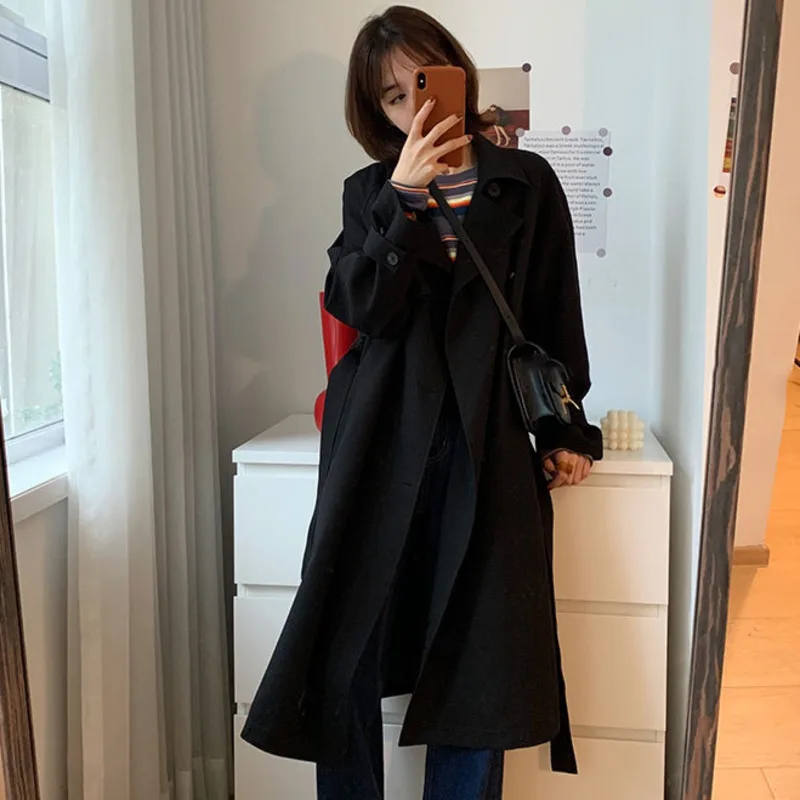 

Black Trench Coats For Women 2022 Autumn Winter New Lapel Long Sleeve Double Breasted Solid Color Casual Fashion Trend