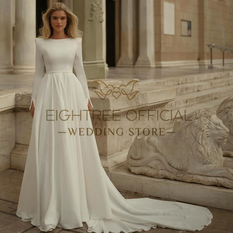 Eightree Sexy A-Linie Satin Brautkleider O-Ausschnitt Langarm Brautkleider Weiße Brautkleider Maßgeschneidert nach Maß Kleider