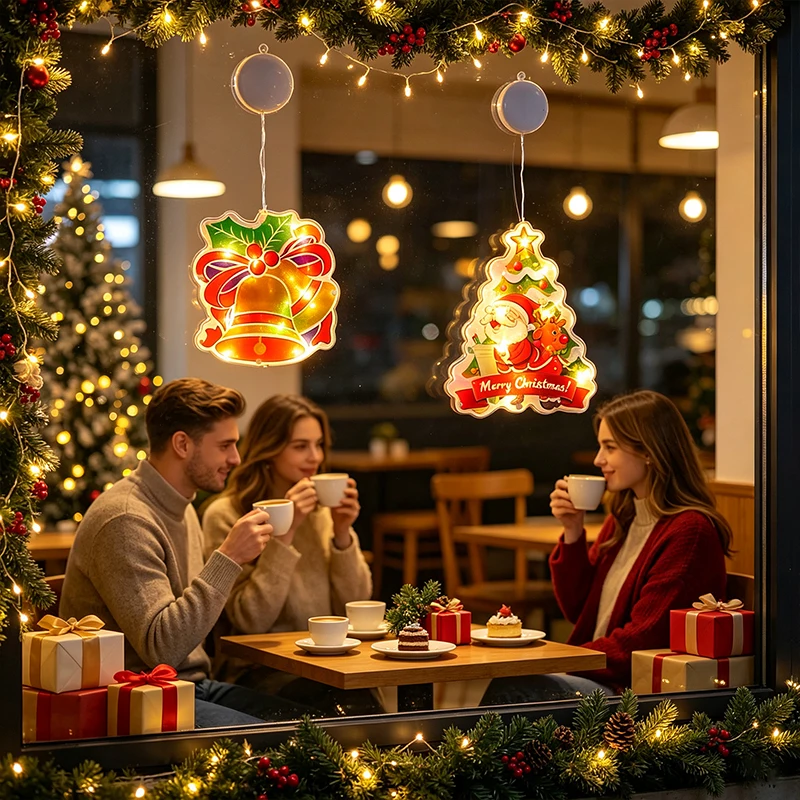 Christmas Suction Cup Window Lights LED Hanging Christmas Window Decor Lights Santa Xmas Tree Bell Patternfor Home Holiday Party