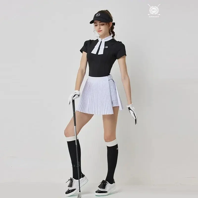 Blktee New Woman Breathable Golf Shirt with Bow Tie Short Sleeve T-shirt Lady Elastic Pleated Golf Quick Dry Skirt Elegent Suit