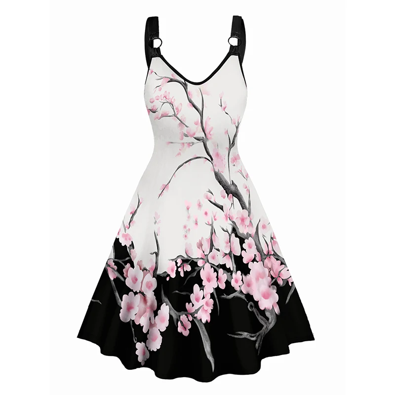 

Summer Dresses for Women 2024 Flower Print V Neck Dress O Ring Straps Sleeveless A Line Tank Dress Sundress