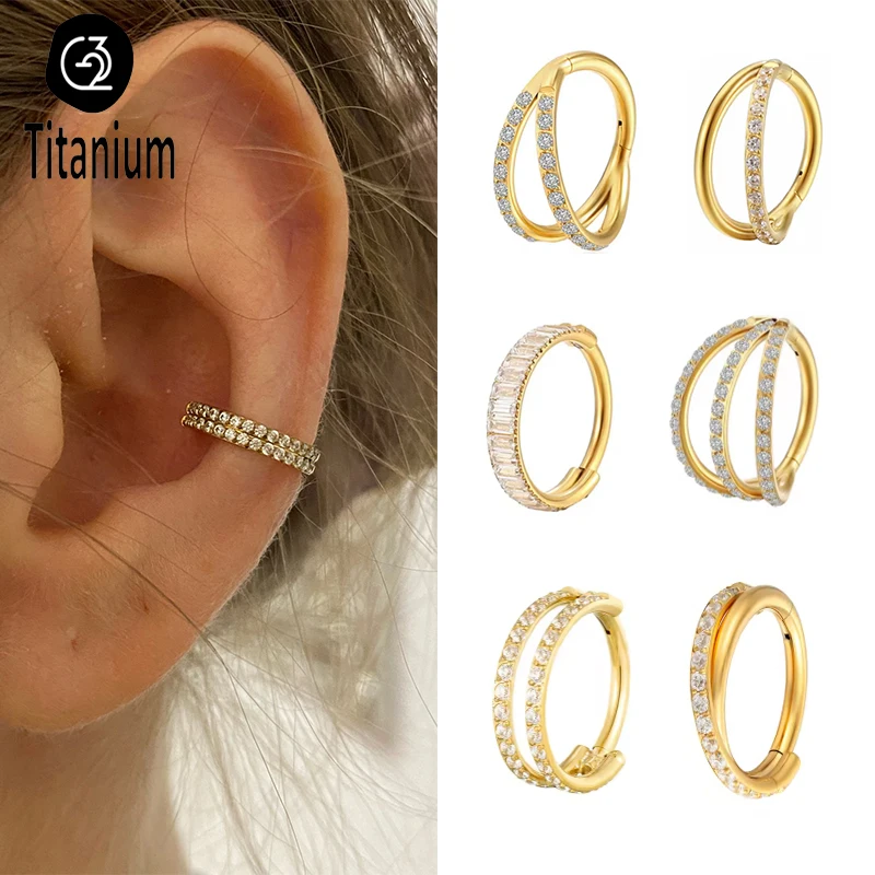 G23 Titanium Piercing Double Layered Triple Stack Hinged CZ Nose Ring Helix Cartilage CZ Small Cartilage Septum Clicker Earrings