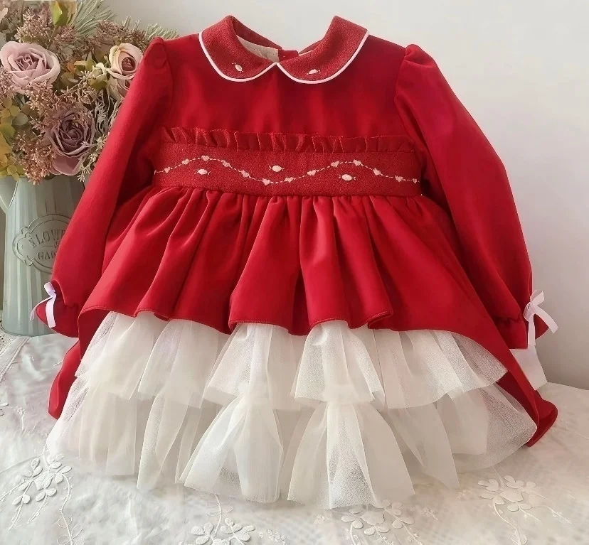 

0-8Y Baby Girl Autumn Winter Handmade Embroidery Vintage Red Dress for Birthday Photography Holiday Eid Christmas C329