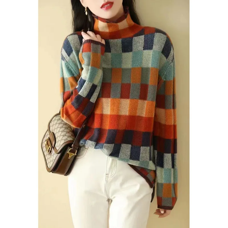 Gorgeous Colorful Checkerboard Knitted Sweater New Style High Collar Lazy Slimming Outer Plaid Sweater for Women