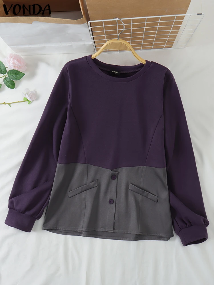 Plus Size Women Hoodies Sweatshir Casual Round Neck Patchwork Contrasting Blouse 2025 Autumn Long Sleeve Sweatshirts Pullovers