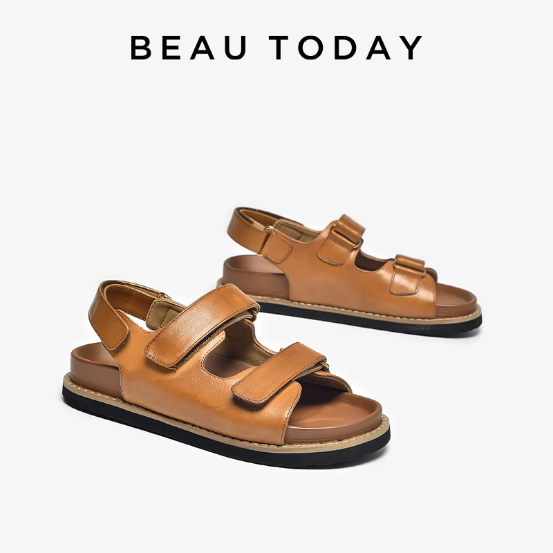 BEAUTODAY Summer Sandals Women Genuine Cow Leather Sewing Design Solid Color Hook&Loop Simple Casual Ladies Shoes Handmade 34562